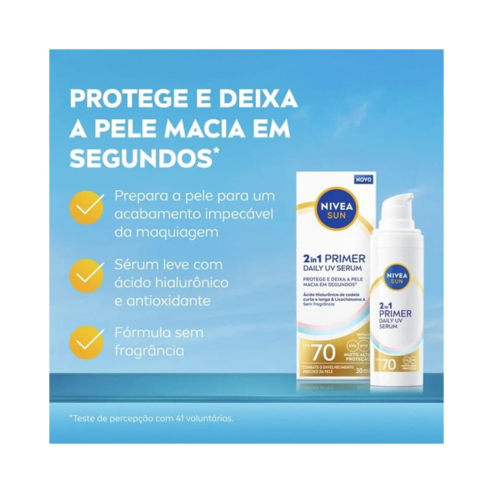 Imagem promocional do Sérum Nivea com fundo azul claro, destacando sua leveza e efeito hidratante